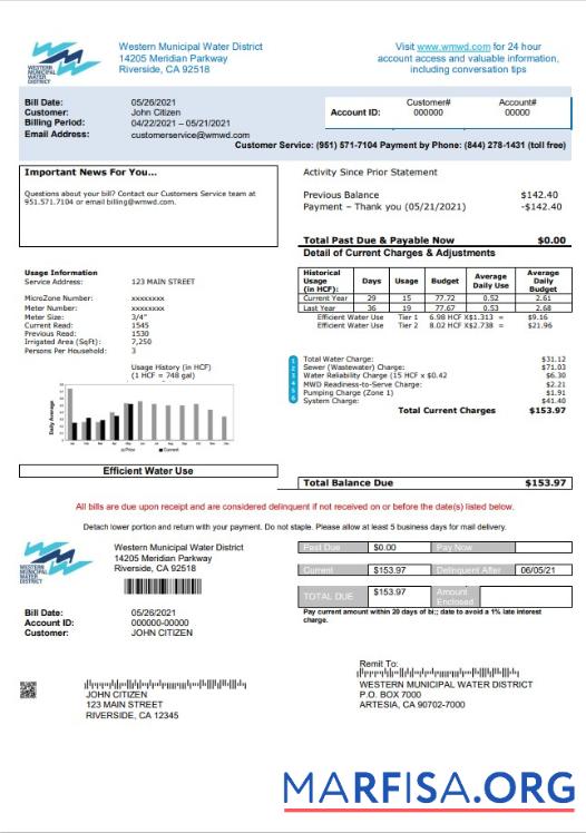 Printable USA Western Municipal Water District utility bill template in Word and PDF format